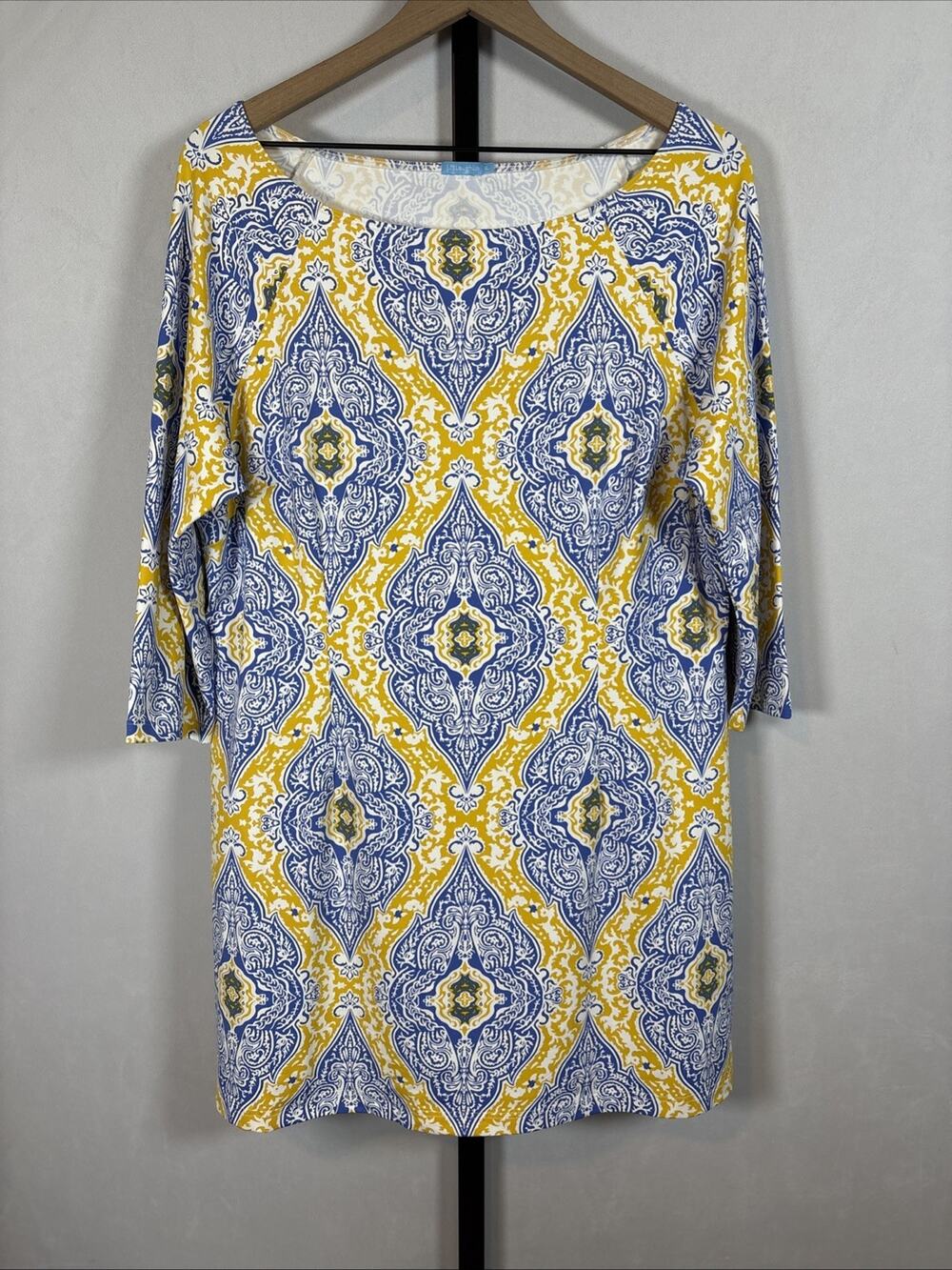 J. Mclaughlin Catalina Cloth Shift Dress Women's XL Blue Yellow Medallion Preppy